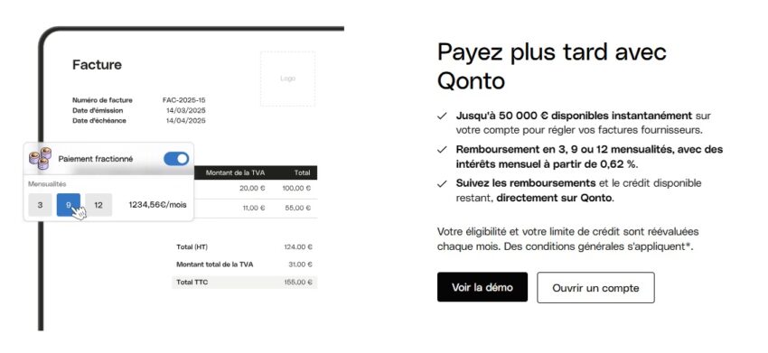 Visuel expliquant une solution de financement proposée par Qonto