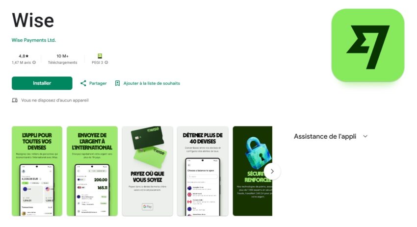 Capture d'écran des avis Google Play sur Wise