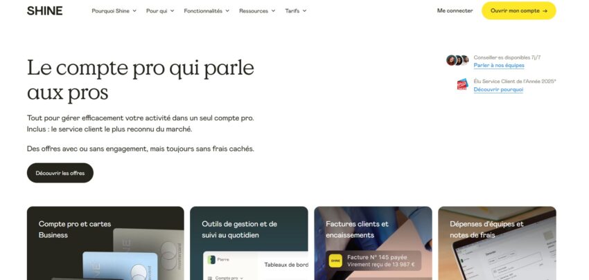 Page d'accueil du compte pro en ligne Shine