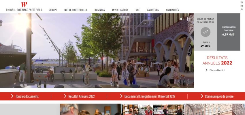 Page d'accueil d'Unibail Rodamco Westfield, une des principales SIIC