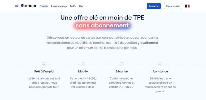 Capture d'écran décrivant l'offre de Stancer pour les TPE, avec location gratuite au delà de 150 transactions par mois