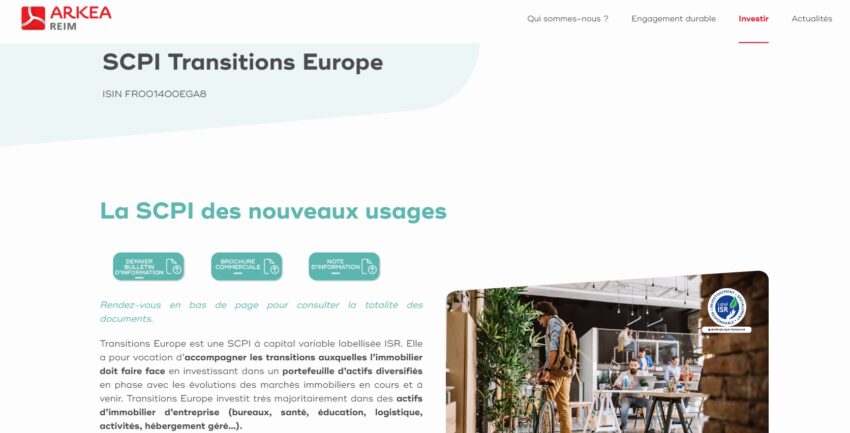 Page d'accueil de la SCPI Transitions Europe