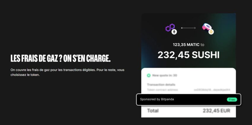 Image montrant que le wallet Bitpanda prend en charge les frais de gaz