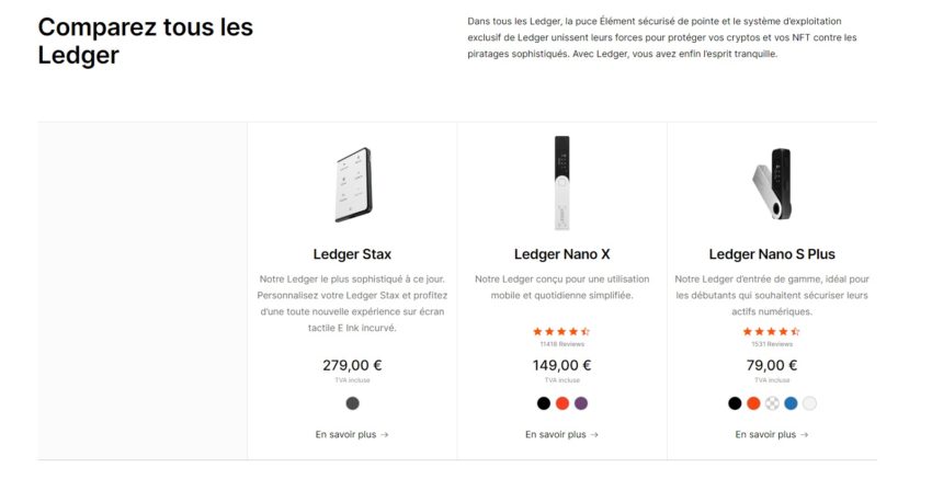 Les trois portefeuilles pour crypto monnaies de Ledger : le Stax, le Nano X et le Nano S Plus