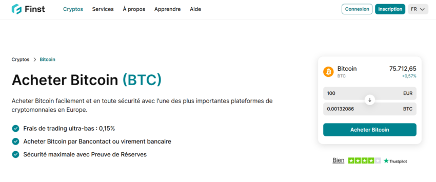 Page d'achat de Bitcoin de la plateforme crypto Finst