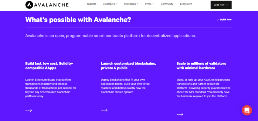 Description du projet Avalanche (AVAX) sur son site web