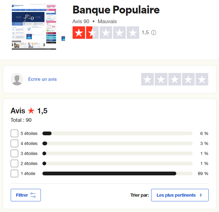Les avis sur Trustpilot pour la Banque Populaire