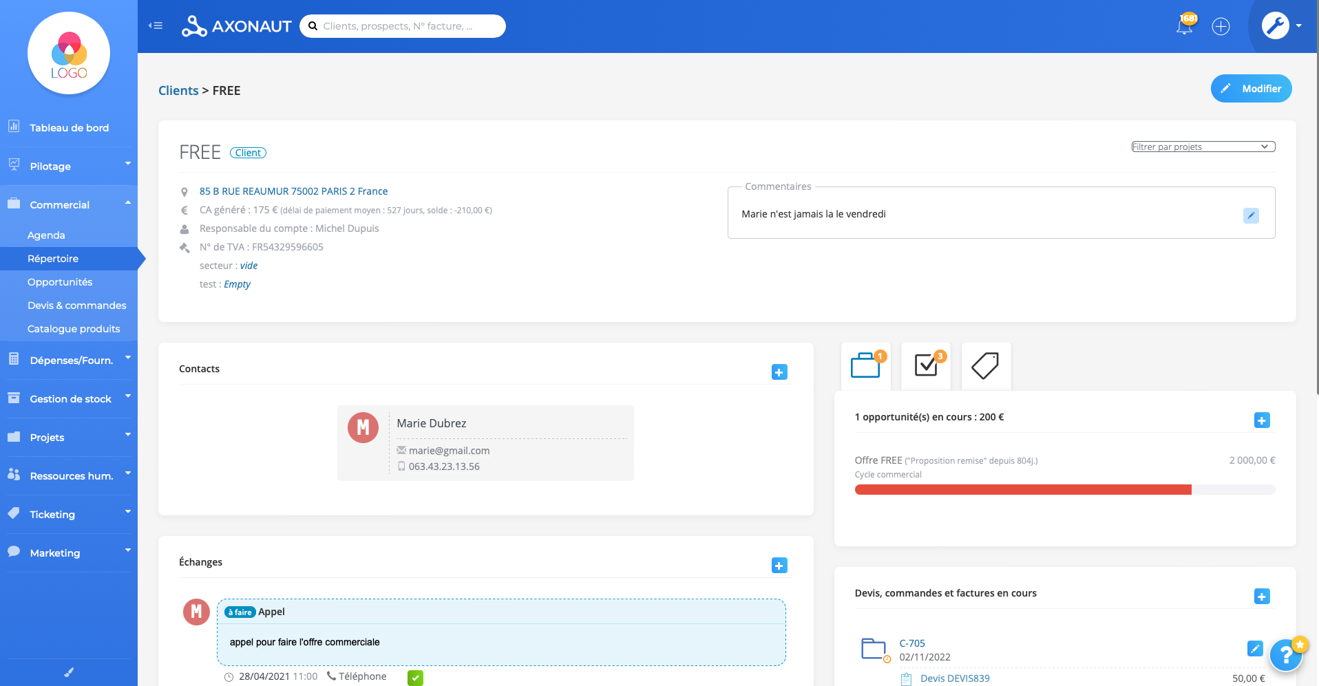 Tableau de bord du logiciel de gestion Axonaut