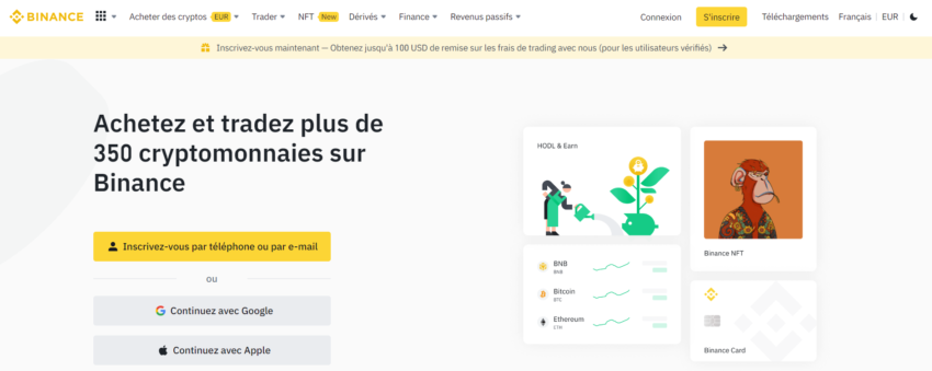 Page d'accueil de Binance, site qui permet d'acheter du Bitcoin mais aussi plein d'autres crypto monnaies !