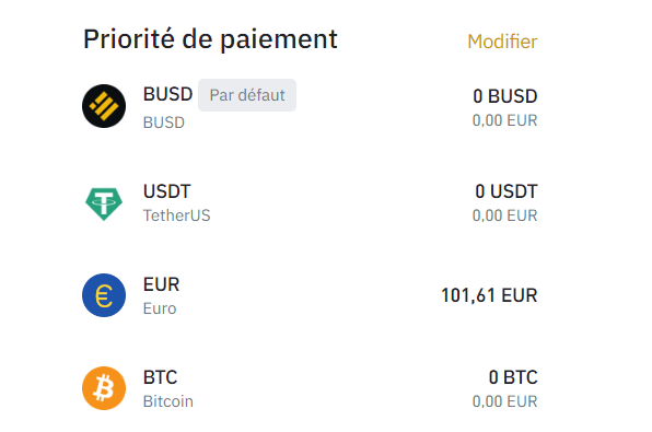 Les priorités de paiement de la carte crypto monnaie Binance sont paramétrables sur le site ou sur l'application mobile