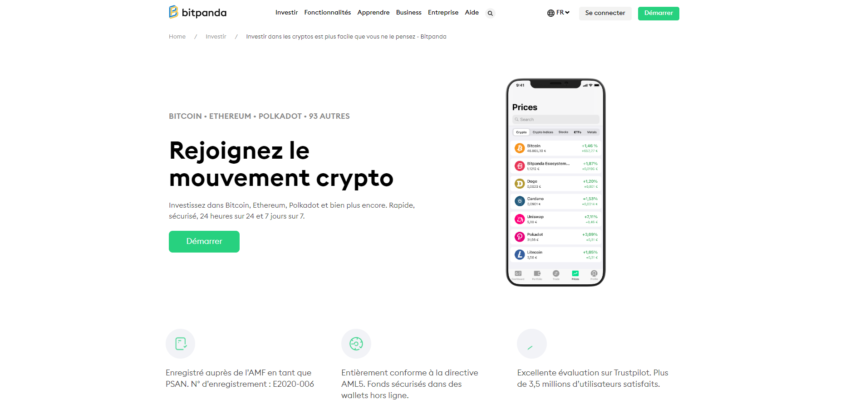 Page d'accueil crypto du site de trading Bitpanda