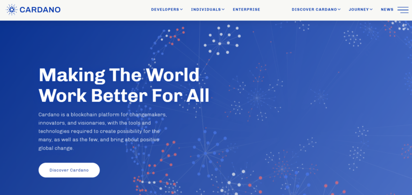 Page d'accueil de Cardano, le projet derrière la crypto ADA