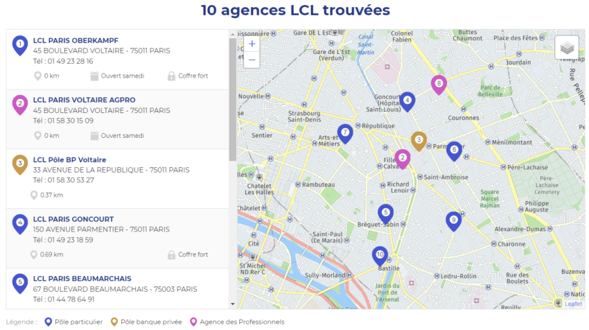 Carte des agences LCL à Paris