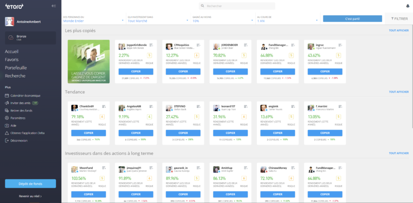 La page d'eToro présentant tous les traders à copier.