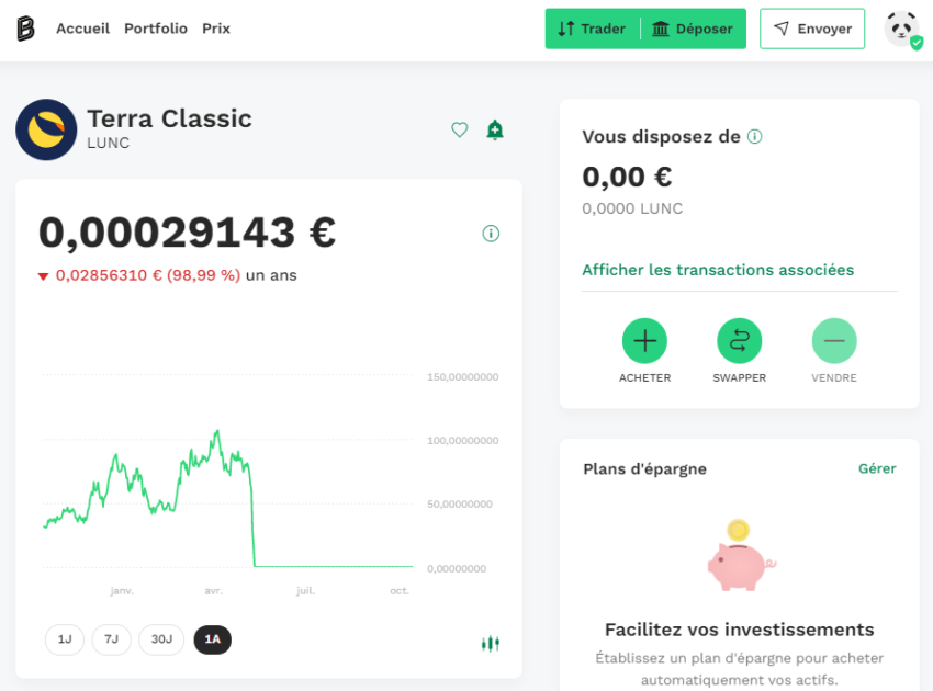 Chute du cours du Terra visualisée sur l'application de trading de crypto monnaie Bitpanda