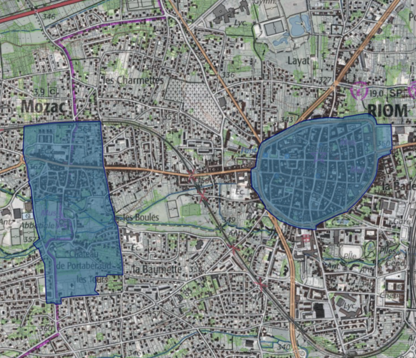 Extrait des zones classées sites patrimoniaux remarquables à Riom (63). Source: Atlas des patrimoine, Ministère de la culture