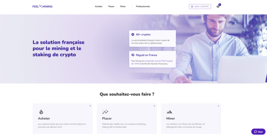 Page d'accueil de la plateforme crypto Feel Mining