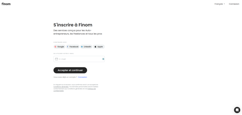 Page d'inscription à la banque pro en ligne FINOM