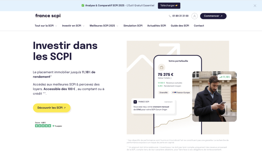 Page d'accueil de France SCPI, un courtier en ligne incontournable de l'univers des SCPI