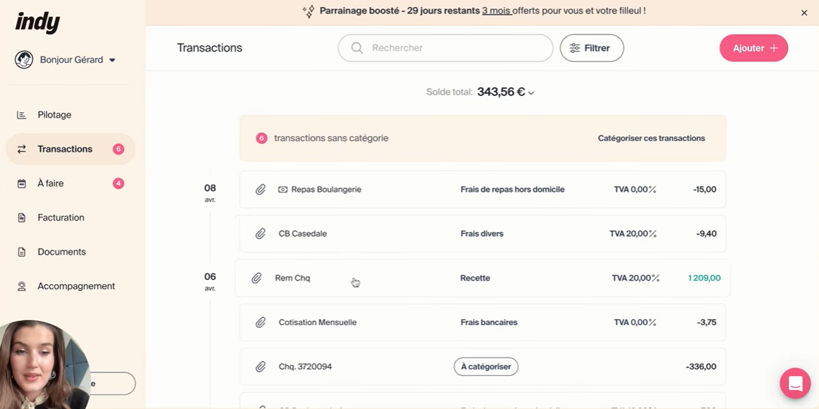 Indy ou Pennylane : l'onglet transactions