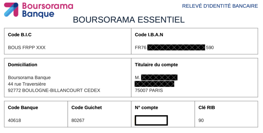 Exemple de Relevé d’Identité Bancaire auprès de la banque en ligne Boursorama Banque