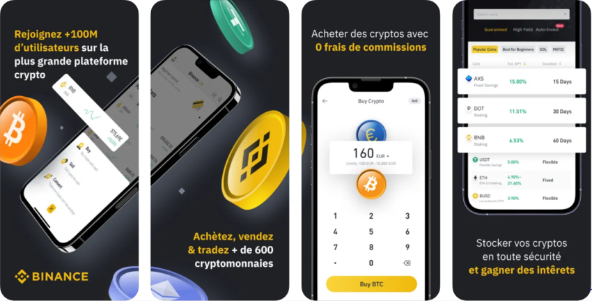 Interface client de l'application carte Binance 
