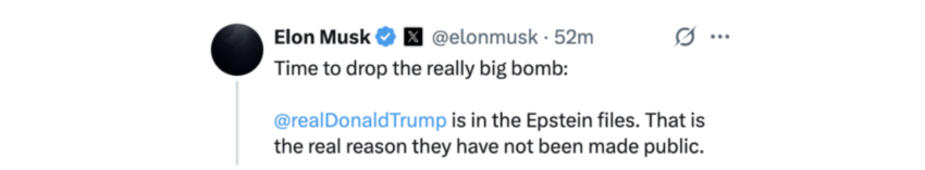 Tweet d'Elon Musk à propos de Donald Trump. Epstein Files fait référence au dossier du pédo-cirminel Américain Jeffrey Epstein. Source : X.