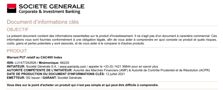 Exemple de warrant commercialisé par la Société Générale: un put sur le CAC 40