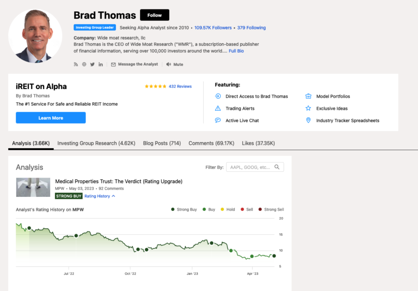 Exemple de reporting sur Brad Thomas, un contributeur régulier de Seeking Alpha.