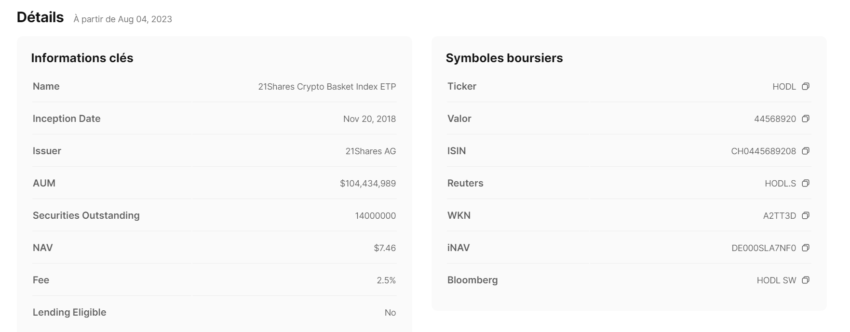Les frais (fee) de l'ETF crypto 21Shares Crypto Basket Index ETP sont de 2,5% comme vous pouvez le voir dans ce tableau