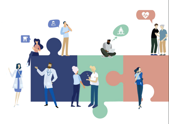 VIsuel avec des dessins montrant professionnels de santé et patients