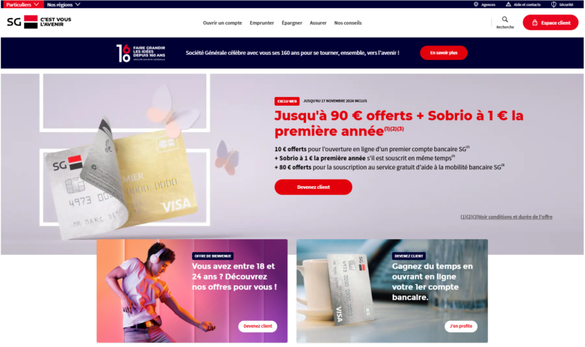 La page d'accueil du site SG