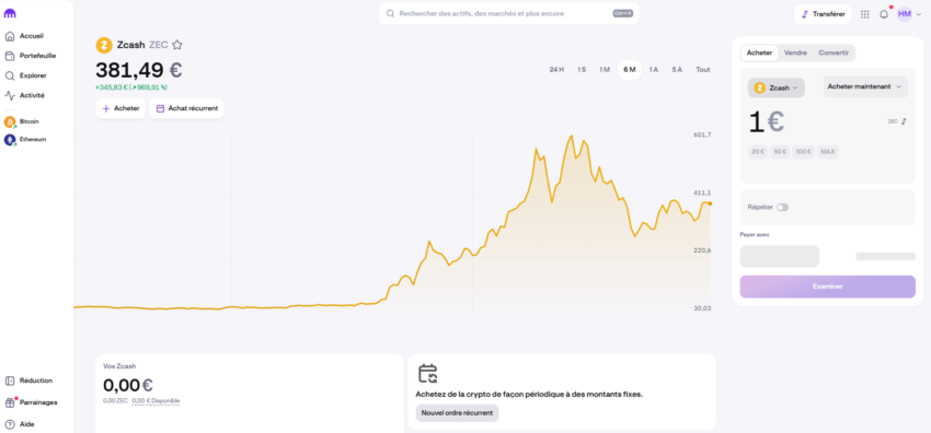 Ecran d'achat de Zcash sur Kraken